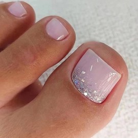 RUPOFUZA Press on Toenails Fake Toe Nails,Short Toe Nail Press ons,Glossy Toe Nails Press on with Glitter Designs,Toenail Press on nails Lilac Artificial Toenails for Women 24Pcs