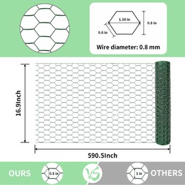 Chicken Wire 16.9 in x 590.5 in Poultry Wire Netting Hexagonal Galvanized Mesh Garden Fence Barrier for Pet Rabbit Chicken Fencing with 100 Pcs Cable Zip Ties(PVC-Coated)