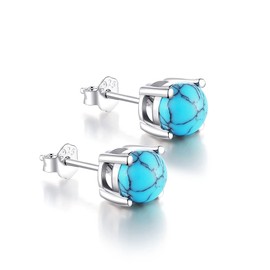 White Gold Plated Sterling Slver Turquoise Stud Earrings 3mm-8mm Options, Simulated Gemstone 4-Prong Studs Hypoallergenic Jewelry (3mm)