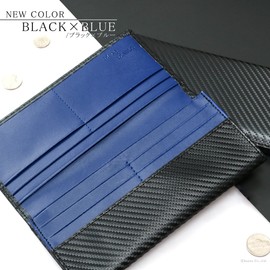 Marge x Diablo MGD-1897 Men's Long Wallet, Carbon Leather, Thin Pocket, Bifold Wallet, Black x Blue