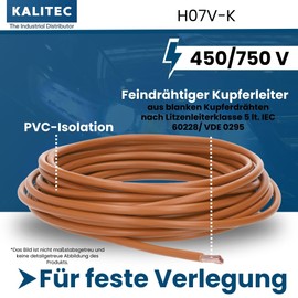 Kalitec 10 Metres H07V-K 1.5 mm² Brown Wiring Cable, Flexible Wire Cable, PVC Single Wire, 1.5 mm² Wire, Fine-Strand Wiring, Single Wire, Single Wire, Switch Wire
