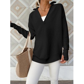 ANRABESS Womens Long Sleeve Quarter Zip Pullover Sweater Casual Loose V Neck Collared Ribbed Knit Jumper Tops Thumb Hole Black Small