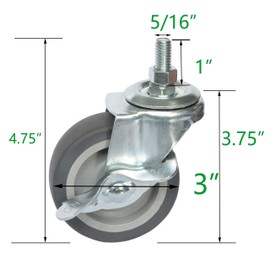 AAGUT 3 Inch TPR Stem Casters, Standard US 5/16"-18 x 1 Threaded Stem Castors, Locking Swivel Replacement for Furniture, Workbench Set of 4