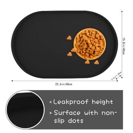 Yacee 100% Waterproof 0.5" Raised Edge BPA Free Silicone Dog Food Mat, Pet Cat Feeding Mats Contain Spills Protects Floors, Placemats for Cats and Dogs Water Bowl Dishwasher. (Large/XL, Black)