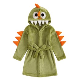MAHUAOYIXI Toddler Boys Girls Bathrobe Cartoon Animal Plush Hooded Long Sleeve Sleep Robe Dinosaur Fleece Pajamas Dressing Gown Soft Cosy Velvet Warm Embroidery Sleepwear (Green, 6-12 Months)