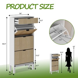 GarveeHome Shoe Cabinet with 3 Flip Doors & 1 Drawer, Entrance Wooden Shoe Rack with Iron Legs, Slim Shoe Storage Cabinet, Modern Fluted Shoe Organizer for Entryway Hallway, White+Oak