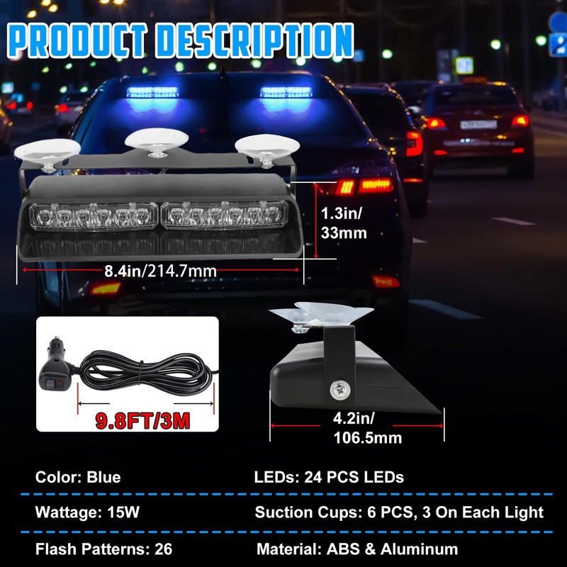 Afurkuot 2-in-1 Blue LED Warning Dash Windshield Strobe Lights, 26