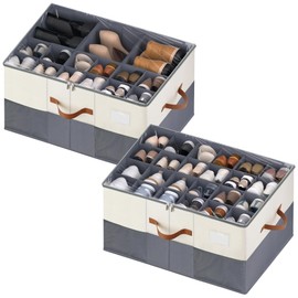 MSTONAL Shoe Organizer for Closet, 2 Pack Shoe Storage Containers with Adjustable Dividers, Space Saving Shoe Box Storage Organizers Bins with Clear Lid & 4 Handles, Fits 24-48 Pairs, Beige & Grey
