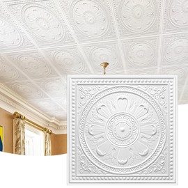 STICKGOO Drop Ceiling Tiles 24"x24", PVC Panels Plastic Ceiling Tiles Waterproof Reusable, Covers 48 Sq.Ft., Baroque Decorative Tiles for Home & Commercial Use (Pack of 12, White)
