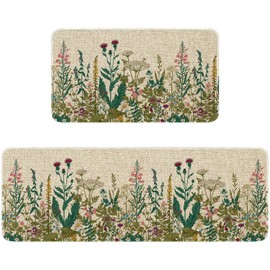 Eikunn Farmhouse Kitchen Rugs Set of 2, Weeds Floral Wildflower Kitchen Mat for Floor,Non-Slip Kitchen Sink Mat Spring Kitchen Decor Doormat+Runner Rug