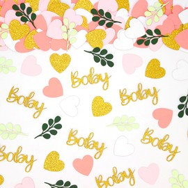 Vofrise 200PC Greenery Baby Shower Confetti Pink and Sage Green Baby Shower Decorations for Girl Eucalyptus Hearts Table Scatters for Its a Girl Party Decor Supplies