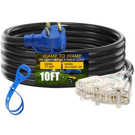 Mootycapa 10FT TT-30P to 3X 5-20R/5-15R RV Generator Adapter, 3 Prong 30A to 3X 15/20A 110V Household Outlet Distribution Adapter, RV Generator Extension Cord with Cord Organizer 10 Gauge ETL Listed
