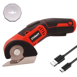 Sturasy Cardboard Cutter with Safety Lock, Red Cordless Electric Scissors Two Blades, Rechargeable 4V 2000mAh Electric Rotary Cutter for Cardboard, Fabric, Carpet, Leather, Paper, Plastic, Packages