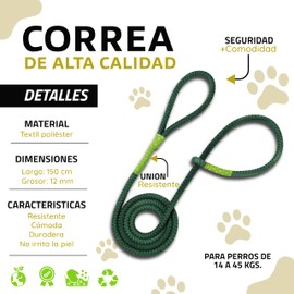 LOS LADRIDOS DE MEXICO Correa para Perro Premium para Paseo y Entrenamiento Resistente con Agarre Cómodo y Seguro para Mascota (Verde, Grande)