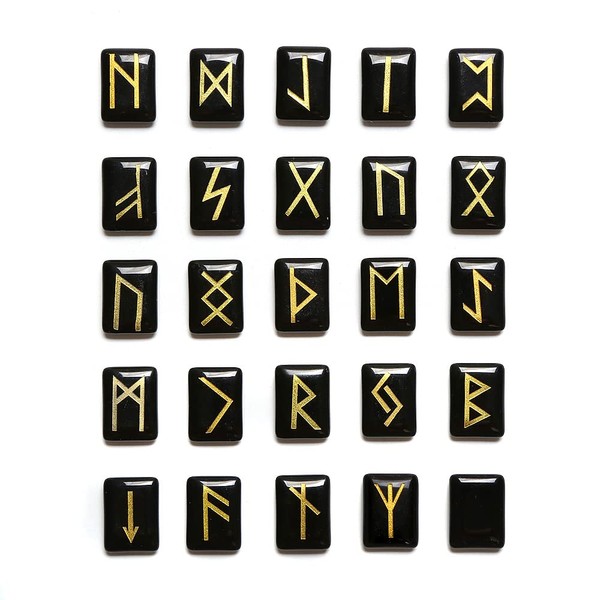 WANGCL 25Pcs Black Obsidian Runes Stones Set, Tumbled Gemstone with Carved Rune Words for Fortune Telling Crystal Healing Reiki