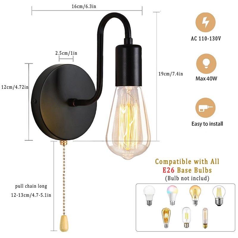 DTIEDY Pull Chain Wall Light Fixture 1-Light Wall Sconce with