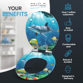 Sanilo Toilet Seat ROUND with Soft Close, Quiet and Slow Close Lid and Seat, Strong Bumpers and Hinges, Dolphin