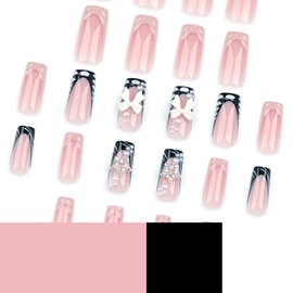 Press on Nails French Tip Fake Nails Medium Square False Nails with Pearl Design Bow Glue on Nail Press ons Glossy Full Cover Artificial Acrylic Nude Stick on Nail for Women Girls Manicure 24cs