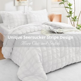 JOLLYVOGUE King Comforter Set Seersucker 7 Pieces, White Comforter, Soft Bed in a Bag King Size, All Season Bedding Set with Comforter, Flat Sheet, Fitted Sheet, Pillowcases, Pillow Shams