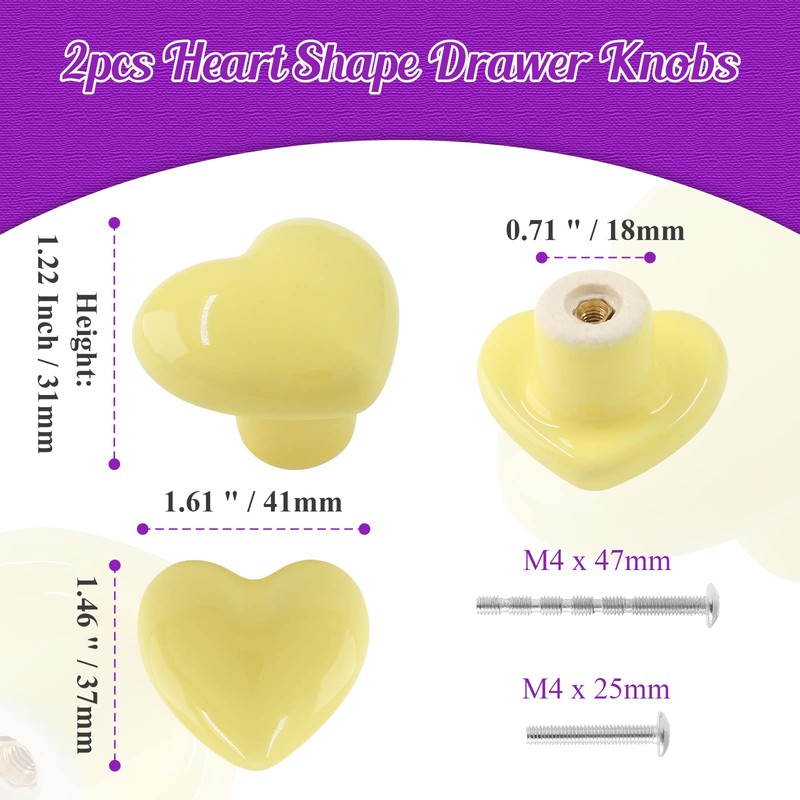 Qjaiune 2pcs Ceramic Cabinet Knobs Yellow Drawer Knobs, Heart Shaped