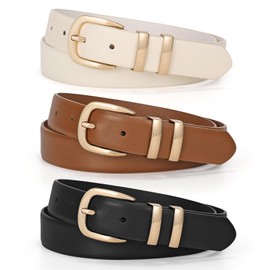 LEACOOLKEY 3 Pack Women Leather Belts for Jeans Gold Buckle Fashion Ladies Leather Belt for Dresses