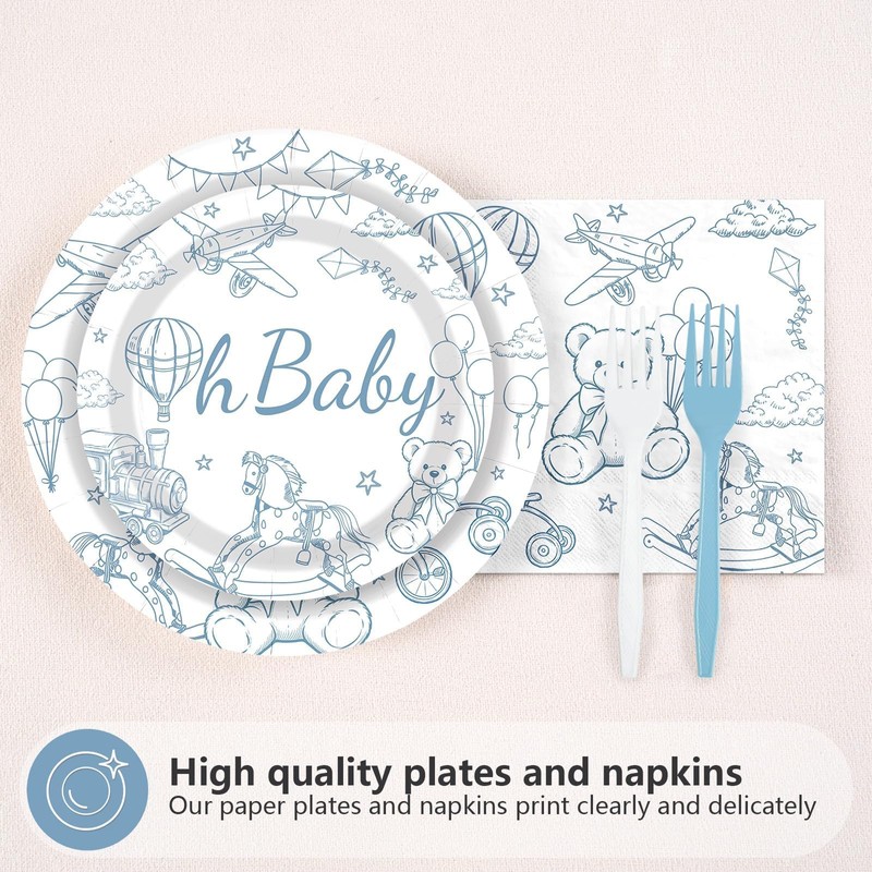 96 Pcs Blue Bear Baby Shower Toile De Jouy Party
