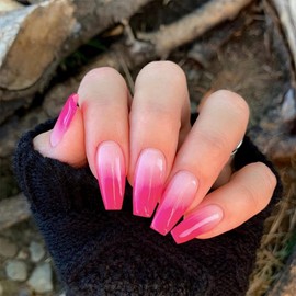 Long Nails for Sticking Coffin, KXAMELIE Colour Gradient Dark Pink Simple False Nails Full Cover Gel Opaque Acrylic Nails Simple Mani for Women and Girls Daily Work