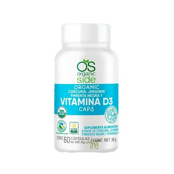 Vitamina D3 Cúrcuma Jengibre y Pimienta Orgánica 60 Cápsulas Sin