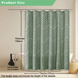 OWENIE Boho Shower Curtain, Sage Green Fabric Cloth Shower Curtains Farmhouse Tufted Chevron Striped Textured with Tassel for Bathroom, Soft Hotel Style Modern Minimalist, Machine Washable, 72x72