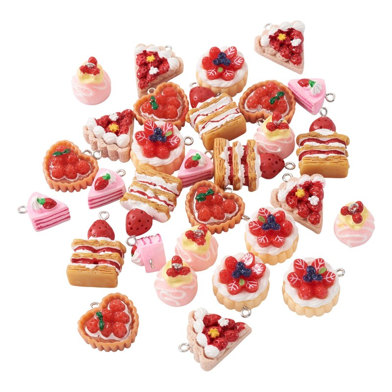 FASHEWELRY 30Pcs Resin Dessert Pendants 3D Imitation Food Charms Strawberry