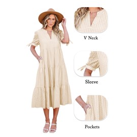 ECOWISH Women Summer Casual Dress - V Neck Short Sleeve Gingham Midi Pleated Tiered Loose Fit Holiday Picnic Dresses Beige Large