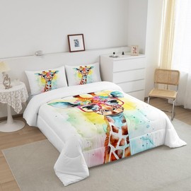 Manfei Watercolor Giraffe Kids Comforter Set King Size,Cartoon Animals Toddler Bedding Set,Girls Boys Adults Room Decor,Rainbow Tie-dye Boho Down Comforter,Colorful Cute Duvet Insert,2 Pillowcases