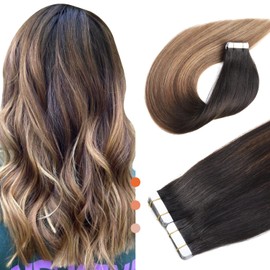 XDhair Tape Extensions Real Hair Natural Black to Brown and Caramel Blonde 20 Pieces 50 g 40 cm Extensions Real Hair Tape in Extensions Real Hair (#1B/4/27-16)