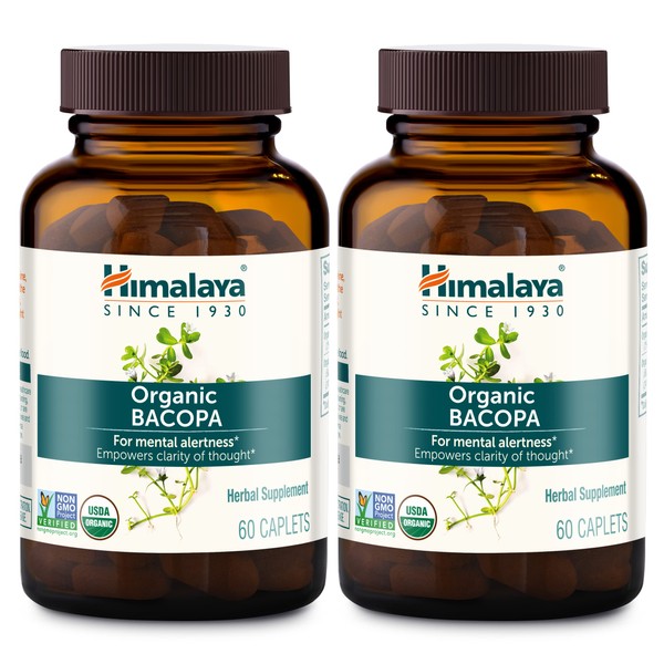 Himalaya Organic Bacopa Monnieri Nootropic Herbal Supplement, Mental Alertness, Supports Calm, Memory, Cognition, USDA Organic, Non-GMO, 750 mg, 60 Plant-Based Caplets, 2 Pack, 120 Day Supply