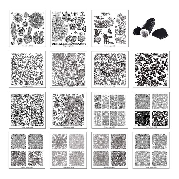 Beauty Leader 15 Pcs Stamping Nail Art Template Different Design Nail Art Stamping Plates 6 X 6 CM Nail Art Template 1 Pcs Double Side Nail Art Stamper with Scrape Kit Manicure Nail Art Image Tool