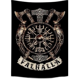 Arsey Viking Decorative Tapestry Vegvisir Axis Hammer Valhalla Wall Cloth Nordic Mythology Fathurk Wall Hanging Gothic Aesthetic Decorative Tapestry Small Black 150 x 130 cm