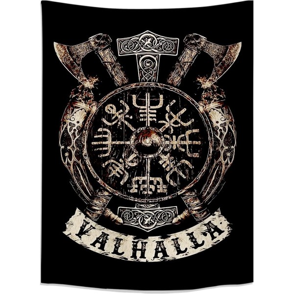 Arsey Viking Decorative Tapestry Vegvisir Axis Hammer Valhalla Wall Cloth Nordic Mythology Fathurk Wall Hanging Gothic Aesthetic Decorative Tapestry Small Black 150 x 130 cm
