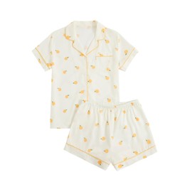 Verdusa Women's 2 Piece Printed Pajama Sets Sleepwear Button Up Shirt with Shorts Orange Beige L