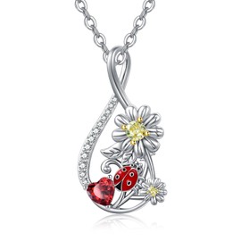 Dreamboat Daisy Ladybug Necklace Sterling Silver Garnet Ladybug Pendant Daisy Jewelry Gift for Women