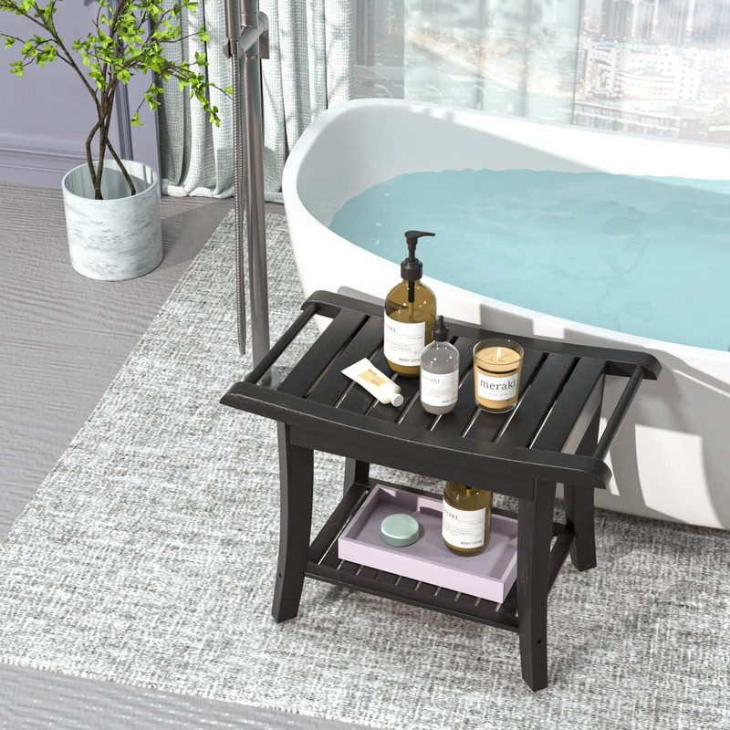 Bamboo Shower Stool Bench Waterproof with Storage Shelf for Shaving