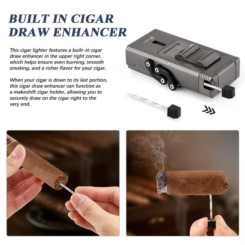 LIHTUN Cigar Lighter Multifunctional All-in-1 Torch Lighters Built-in Holder Cigar