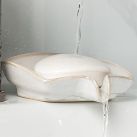 Soap Dishes, Ceramic Shower Soap Dish with Waterfall Design Bar Soap Holder Self Draining Soap Saver for Shower, Bathroom, Sink, Kitchen and Countertop, Beige White