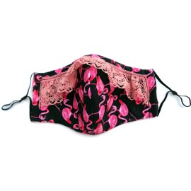 Fog Less Pink Flamingo Prints Cloth Face Mask with Lace Removable Nose Wire Support Filter Pocket Ladies Womens Teens Juniors