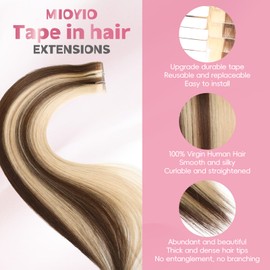 MioYio Invisible Tape in Hair Extensions Human hair 100% Remy Human Hair P4/16#-Dark Brown Mixed With Gold Natural Hair Extensions 14inch 20PCS/50G/Pack Invisible Tape in Extensions Straight