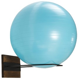 MyGift Wall Mounted Single Large Stability Ball Holder, Burnt Solid Wood and Black Metal Storage Rack for Gym Sport or Yoga Studio Exercise Balls - 16 x 9 Inch Ball Display Ring