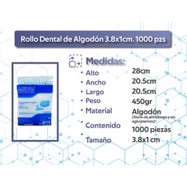 Rollo Dental de Algodon liso 100% Natural bolsa c/1000 pzas
