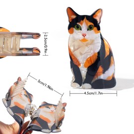 Sitting Calico Cat Hair Claw Clip, Orange White & Black Kitten Design, Metal Spring with Shark Tooth Grip, Cute Non-Slip Hair Claw for Women & Cat Lovers