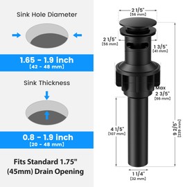 Bathroom Sink Drain with Overflow, Hurran Matte Black Bathroom Sink Stopper for Bathroom Vanity Vessel Sink, Rapid Draining Plastic Pop-up Sink Drain with Hair Catcher Anti-Clog Strainer