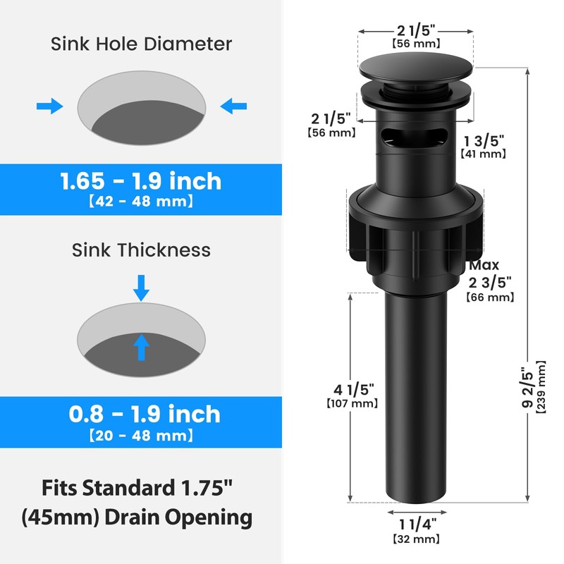 Bathroom Sink Drain with Overflow, Hurran Matte Black Bathroom Sink