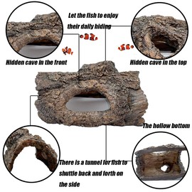 Tfwadmx Aquarium Decoration Cave, Resin Hollow Tree Trunk Log Aquarium Ornament Fish Tank Hideout for Betta Cichlid Shrimp Reptile Turtle